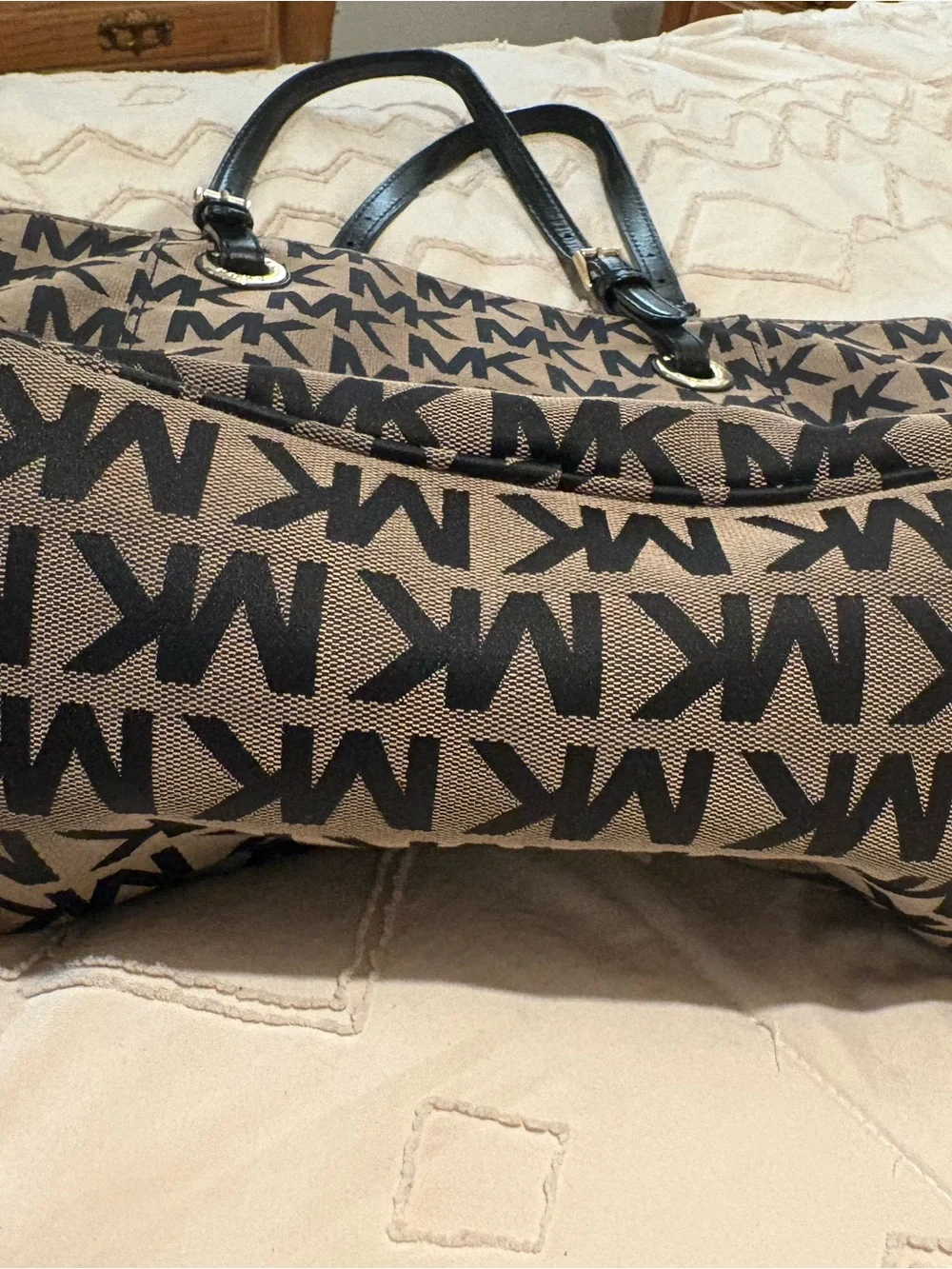 Michael Kors Tan and Black MK Logo Tote with Black Handles